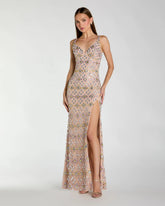 Beige Embellished V Neck Column Gown With Slit