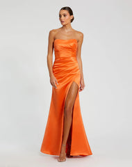 Orange Strapless Satin Gown With Slit