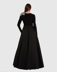 Black Long Sleeve Taffeta Ball Gown With 3D Rhinestone Flower