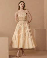 Beige Floral Embellished Strapless A-Line Midi Dress