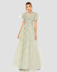 Green Embroidered Tulle Flutter Sleeve A-line Gown