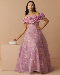 Purple Off The Shoulder 3D Floral Embroidered A-Line Gown