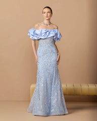 Blue Embellished Mermaid Gown With Off The Shoulder Ruffle