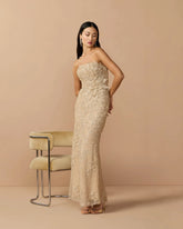 Beige Strapless Embellished Lace Gown with 3D Flower