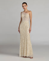 Beige Embellished One Shoulder Column Gown