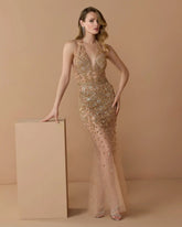 Gold Hand Embellished Open Back Halter Gown