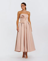 Pink Strapless Satin A Line Midi Dress With 3D Flower
