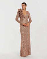 Light Pink Long Sleeve V Neck Sequin Gown With 3D Flower