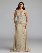 Beige One Shoulder Embellished Gown With Train