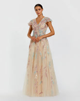 Beige Embroidered Tulle V-Neck Gown
