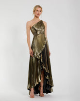 Gold Pleated Metallic One Shoulder High Low Gown