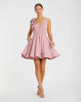 Pink Crepe Sleeveless V-Neck Mini Dress With Bow