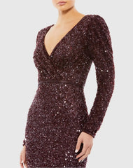 Red Puff Shoulder Sequined Surplice Gown