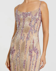Beige Spaghetti Strap Beaded Column Gown