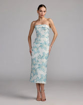 Blue and White Strapless Brocade Sheath Midi Dress