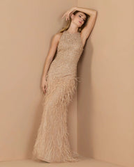 Beige Embellished Lace Sleeveless Feather Gown