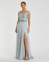 Blue Embellished Chiffon Cap Sleeve A-Line Gown