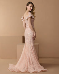 Pink Embroidered Lace Flutter Sleeve Mermaid Gown