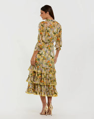 Yellow Floral V Neck Ruffle Midi Dress With 3/4 Sleeves