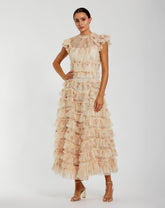 Pink Cap Sleeve Micro Ruffle Floral Midi Dress