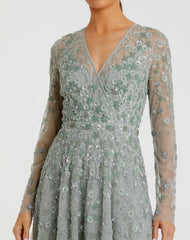 Green Embellished Wrap Over Illusion Long Sleeve A Line Gown - FINAL SALE
