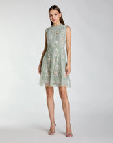 Green Sleeveless High Neck Embroidered Mini Dress