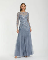 Blue Embellished Long Sleeve Drop Waist Gown