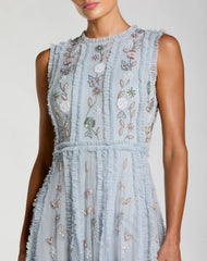 Blue Floral Mesh Sleeveless A Line Micro Ruffle Gown