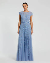Petite Blue Floral Embellished Cap Sleeve Gown