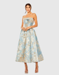 Petite Light Blue Strapless Brocade Midi Dress With Pockets