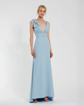Petite Blue Sleeveless V Neck Bow Detail Mermaid Gown