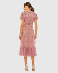 Petite Pink Embellished High Neck Flutter Sleeve A Line Dress