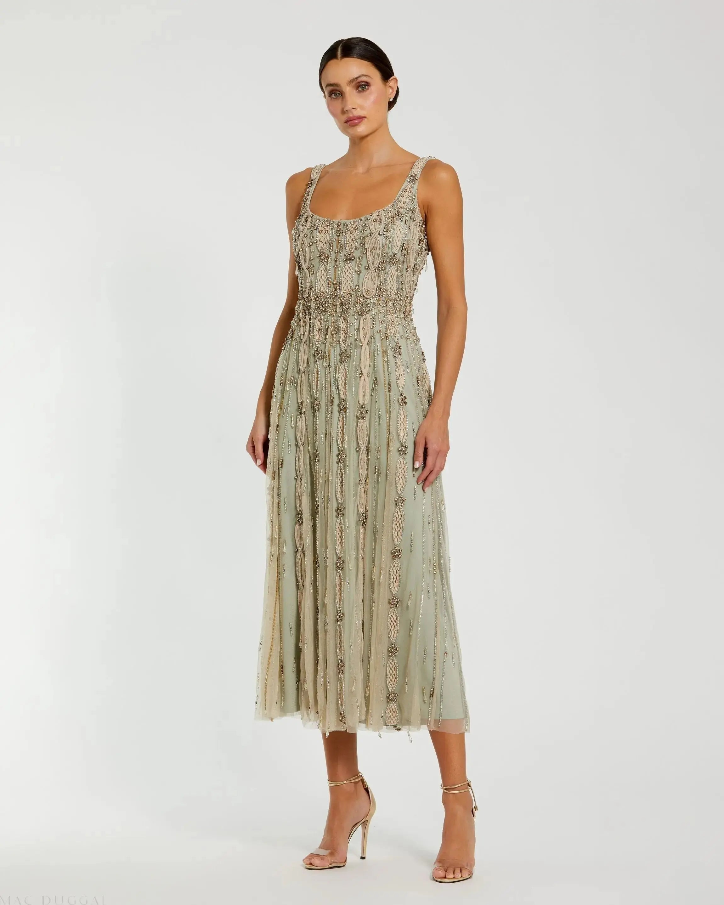 Green Sleeveless Scoop Neck Embellished Midi Dress