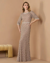 Pink Pearl Embellished 3/4 Sleeve Gown