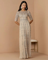 Beige 3/4 Sleeve Embellished A-line Gown