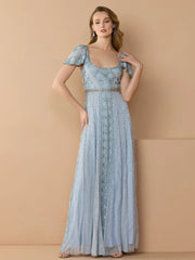 Blue Short Sleeve Scoop Neck Embellished Gown
