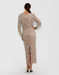 Beige Long Sleeve Midi Dress With Embellished Fringe