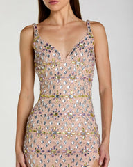 Beige Embellished V Neck Column Gown With Slit