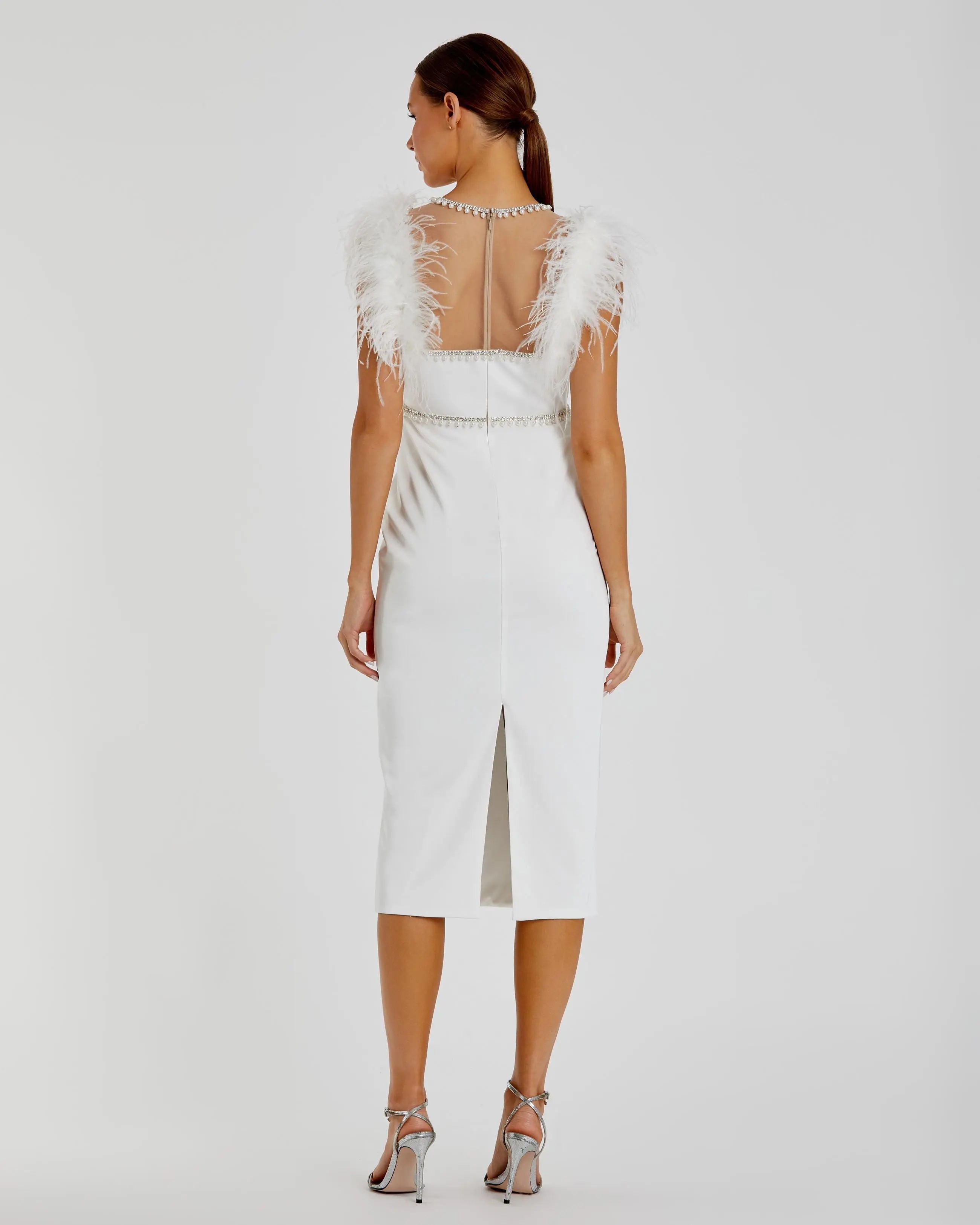 White Feather Cap Sleeve Pearl Embellished Tea-length Dress