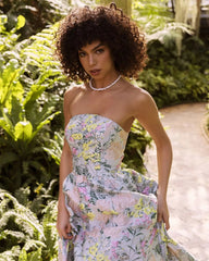 Multicolor Strapless Floral Brocade A-Line Gown