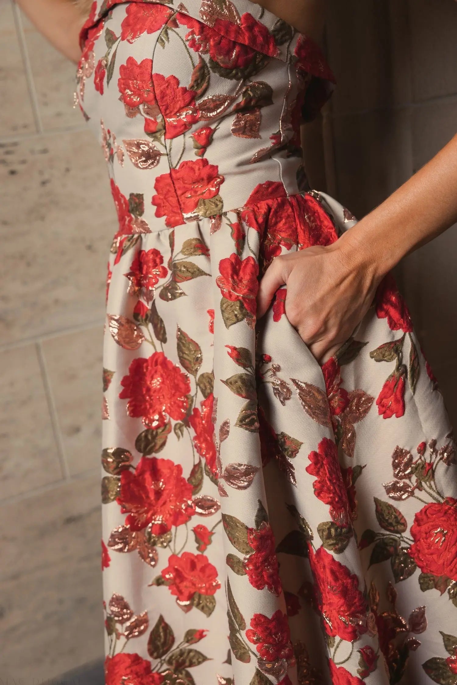 Multicolor Brocade Strapless Floral Gown With Ruffle Hem