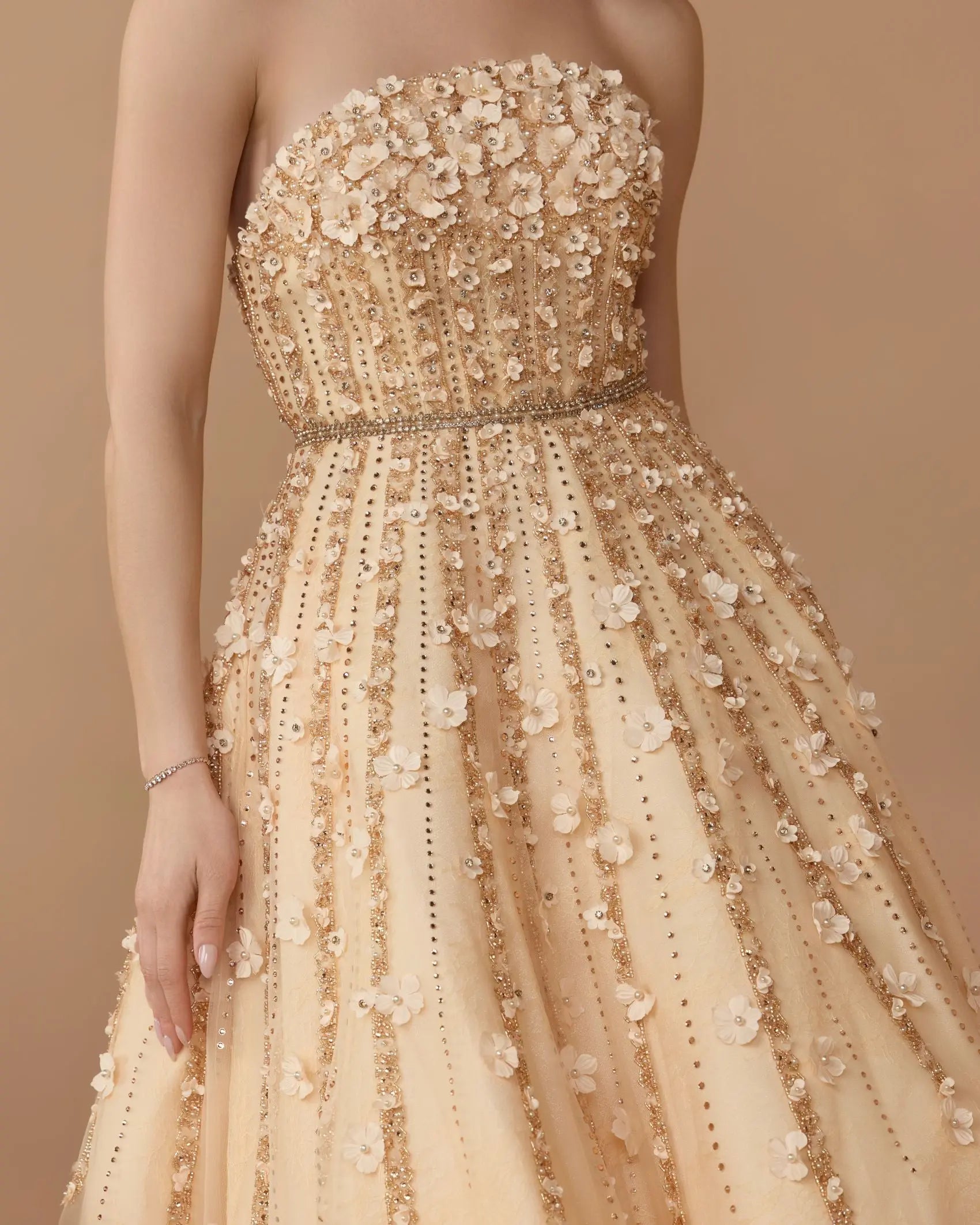Beige Floral Embellished Strapless A-Line Midi Dress