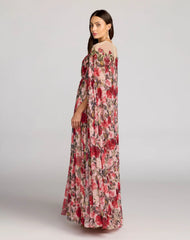 Multicolor Floral Printed Chiffon High Neck Cape Gown