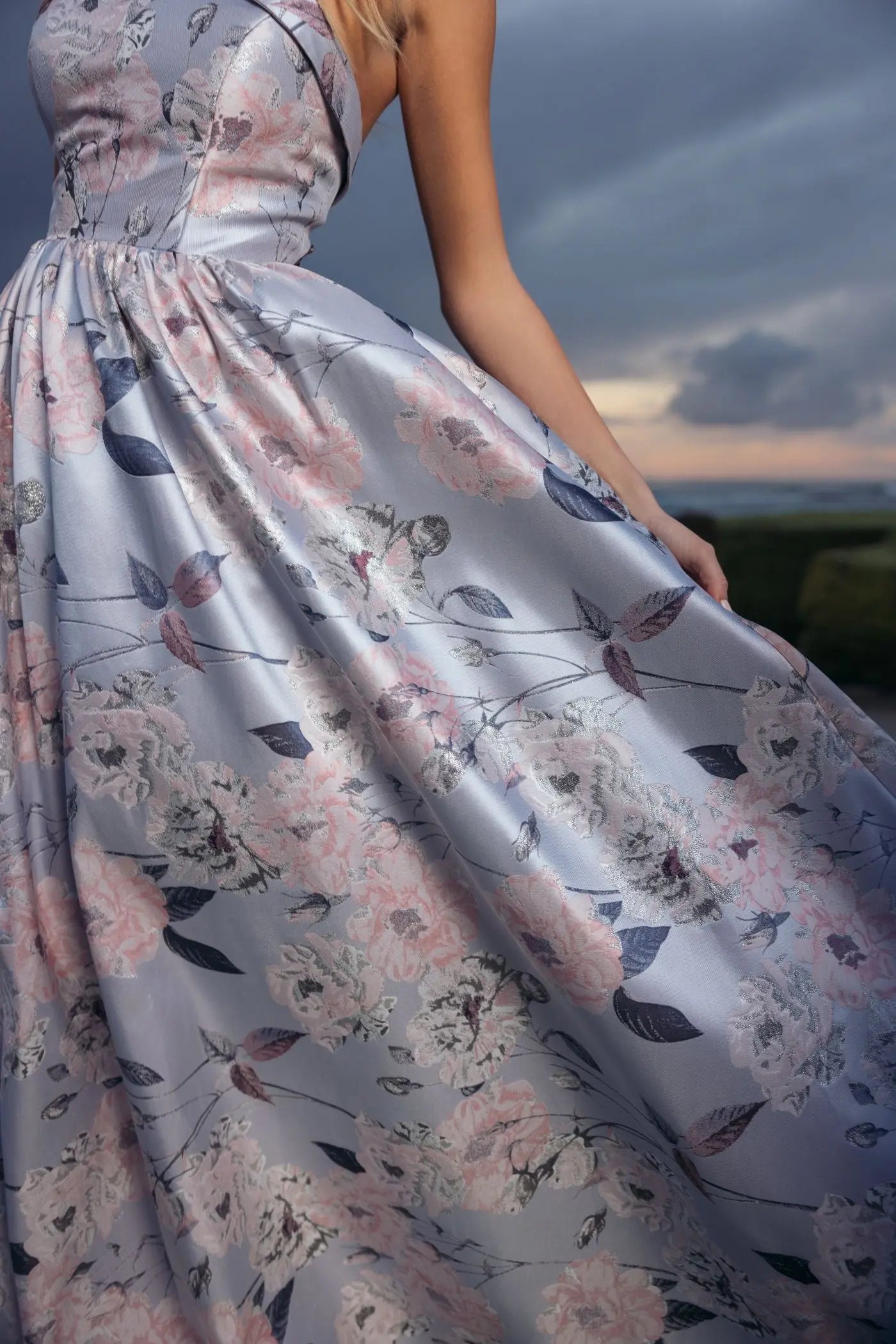Blue Floral Brocade Strapless Ball Gown