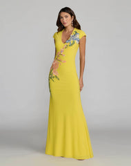 Yellow Floral Appliqué V-Neck Jersey Gown