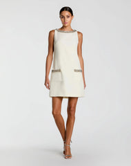 Ivory Sleeveless Shift Mini Dress with Rhinestone Trim