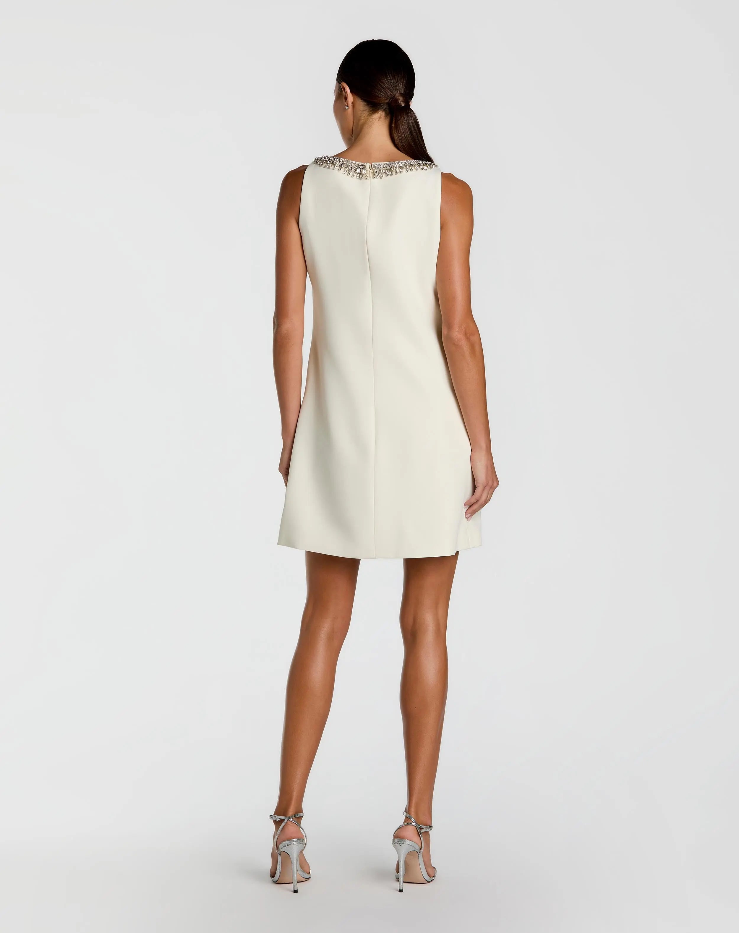 Ivory Sleeveless Shift Mini Dress with Rhinestone Trim