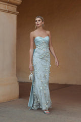 Blue Strapless Sweetheart Embellished Gown With Bow