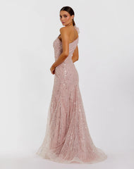 Pink One Shoulder Beaded Mermaid Gown With 3D Flower
