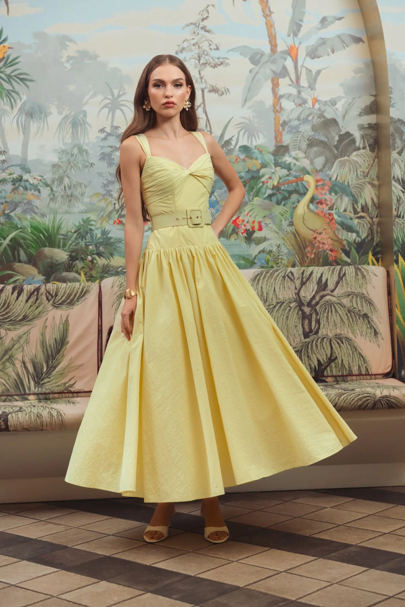 Yellow Sleeveless Faille A-Line Midi Dress With Belt